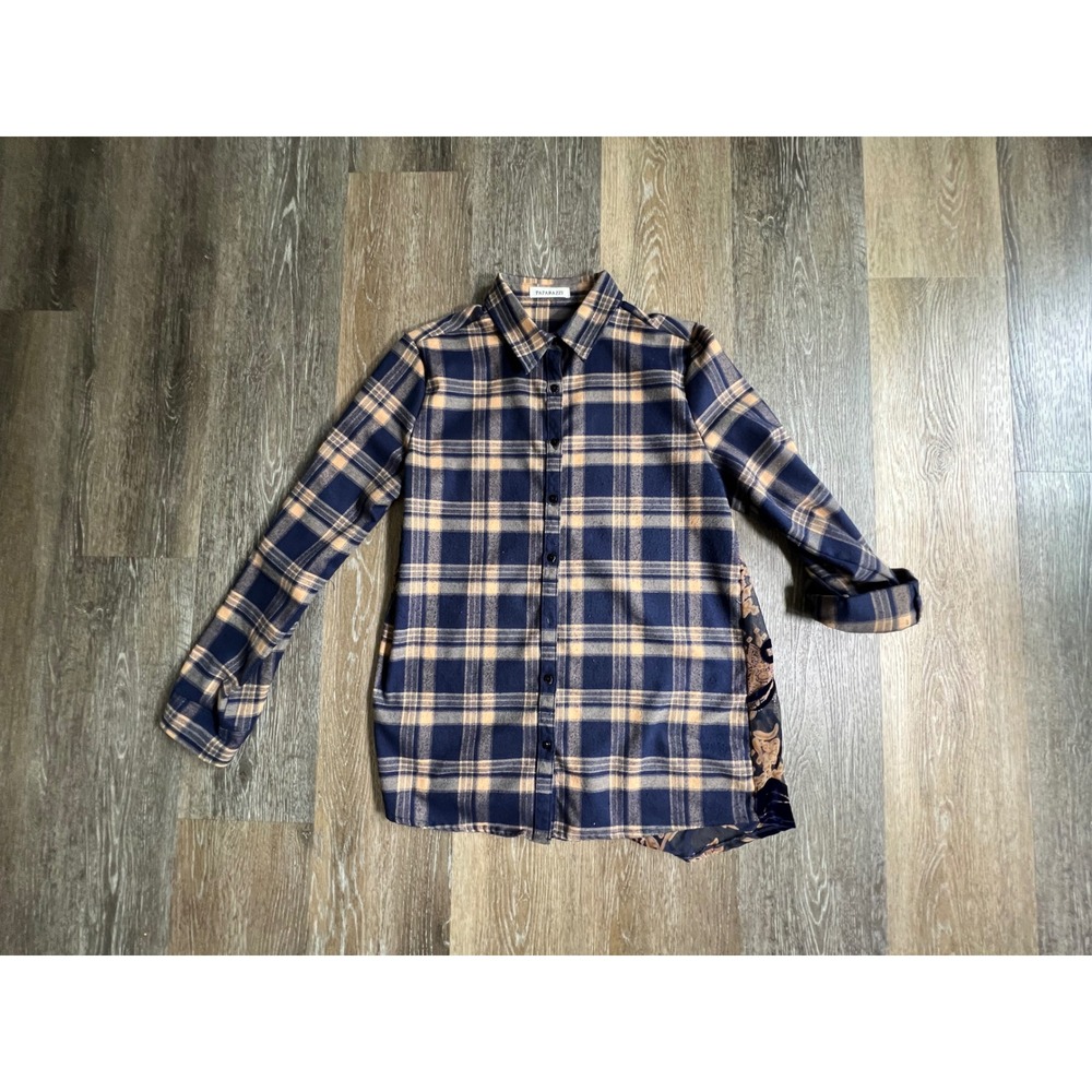 Paparazzi Plaid Flannel Shirt Womens Navy Tan Velvet Burnout Floral Back Top